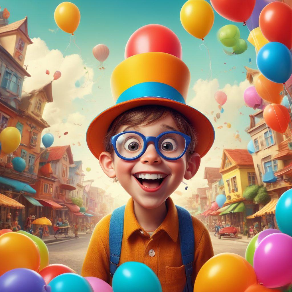A whimsical scene featuring a split landscape: on one side, a sarcastically humorous character with exaggerated expressions, surrounded by comedic props such as oversized glasses and funky hats. On the other side, a joyful child laughing with playful toys and colorful balloons, representing the fun of kids' jokes. A seamless blend of colors and laughter flows between both worlds. cartoon style. vibrant colors. playful atmosphere.