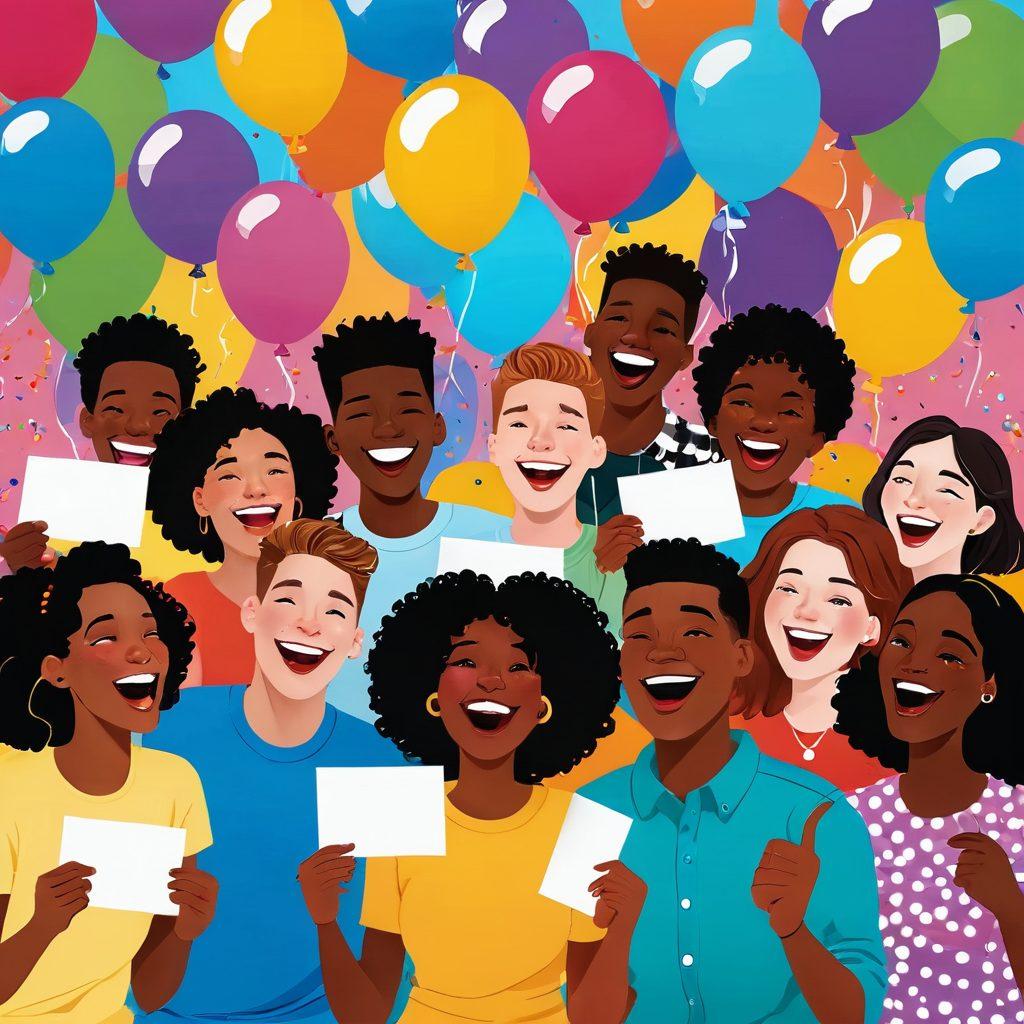 A colorful, playful scene featuring a diverse group of people laughing uncontrollably while holding joke cards, surrounded by cartoonish speech bubbles filled with short jokes. A vibrant background filled with confetti and balloons, conveying a sense of celebration and joy. The characters should range in age and ethnicity, showcasing a universal love for humor. cheerful, bright colors. cartoon style.