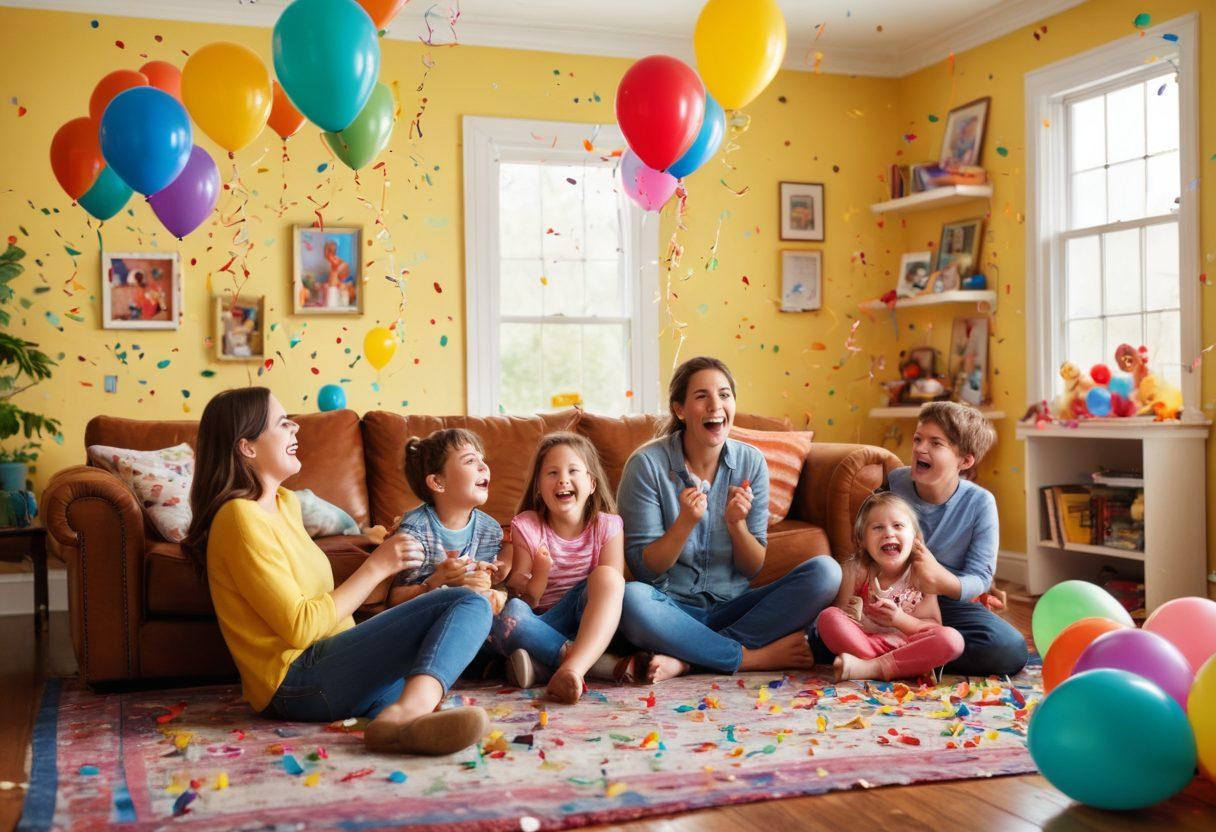 A joyful family gathered around a colorful living room, laughing heartily while sharing funny stories. Balloons and confetti fill the air to enhance the festive atmosphere. Children playing with quirky toys in the background, emphasizing the humor and warmth of family bonding. Soft, cheerful lighting to evoke a sense of happiness and comfort. vibrant colors. super-realistic.